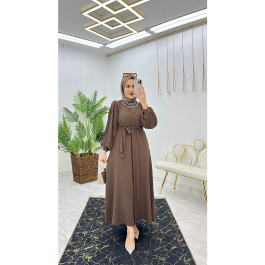 Dubai Crepe Pleated Sleeves Buttoned Women's Abaya