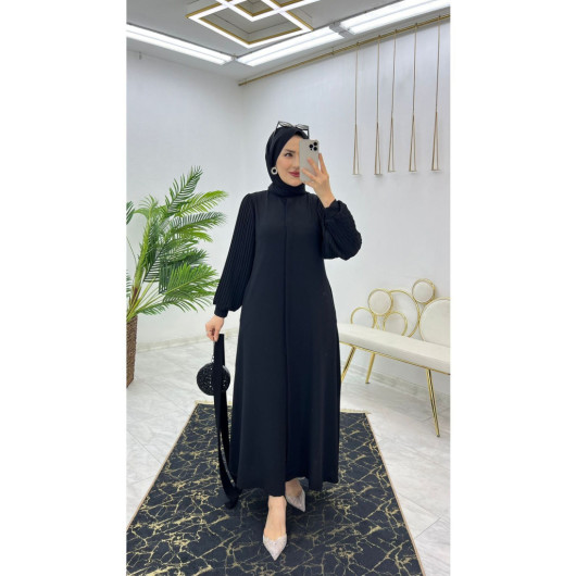 Dubai Crepe Pleated Sleeves Buttoned Women's Abaya