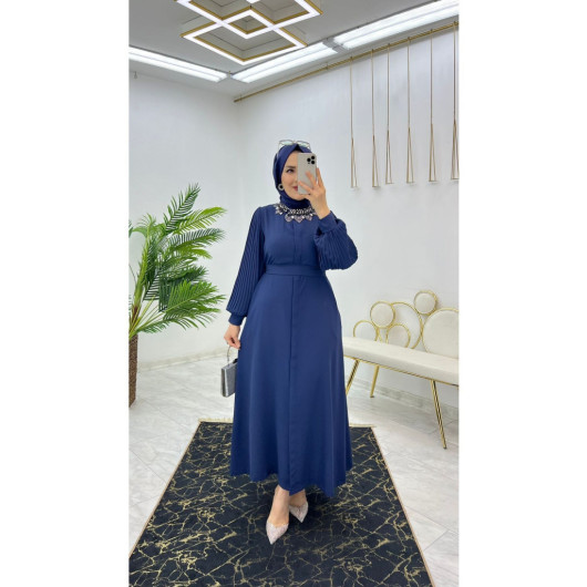 Dubai Crepe Pleated Sleeves Buttoned Women's Abaya