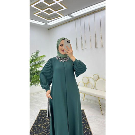 Dubai Crepe Pleated Sleeves Buttoned Women's Abaya