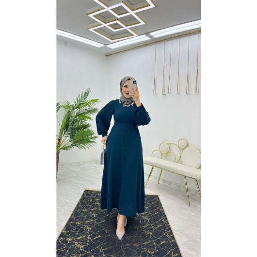 Dubai Crepe Pleated Sleeves Buttoned Women's Abaya