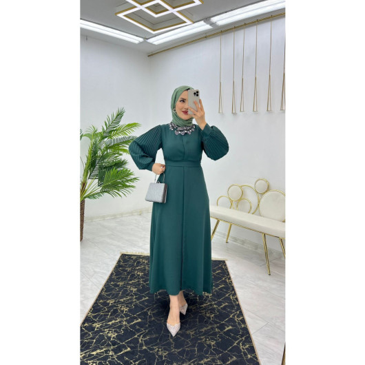 Dubai Crepe Pleated Sleeves Buttoned Women's Abaya