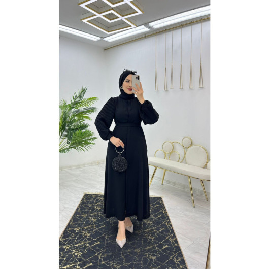 Dubai Crepe Pleated Sleeves Buttoned Women's Abaya