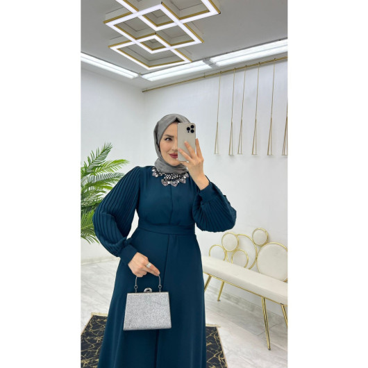 Dubai Crepe Pleated Sleeves Buttoned Women's Abaya