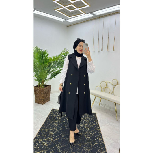 Double Crepe Fabric Trousers And Long Vest Women's Two Piece Suit