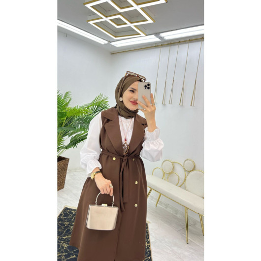 Double Crepe Fabric Trousers And Long Vest Women's Two Piece Suit