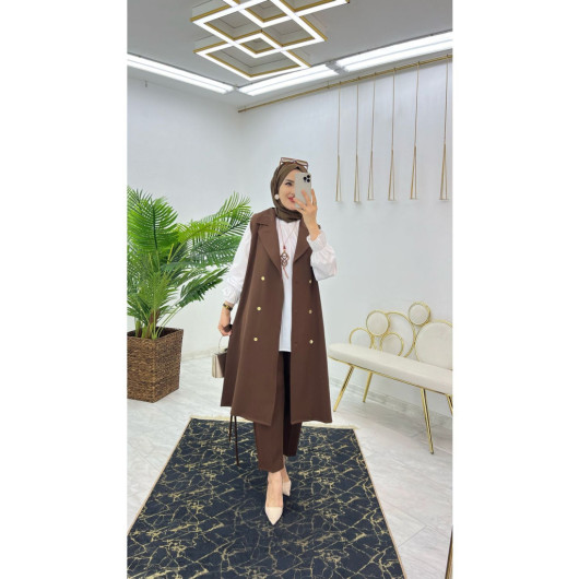 Double Crepe Fabric Trousers And Long Vest Women's Two Piece Suit