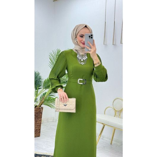 Women's Pleated Sleeve Dubai Crepe Fabric Hadise Dress