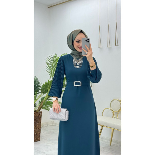 Dubai Crepe Fabric Sleeve Dress In Petroleum Color For Veiled Women