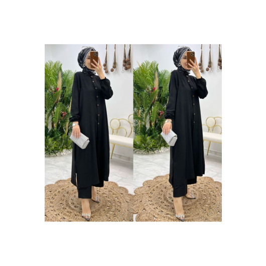 Black Tunic And Long Buttoned Pants Set For Veiled Women