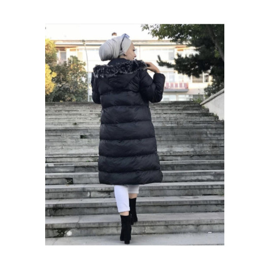 Women's Black Fur Hooded Puffer Jacket