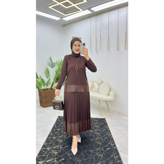 Quality Flexible Crepe Women Leather Detail Pleated Skirt And Blouse Double Set