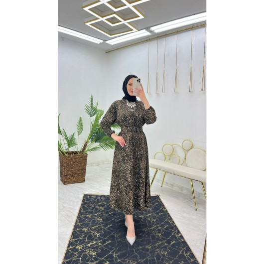 Leopard Patterned Quality Crepe Fabric Belted Women's Dress