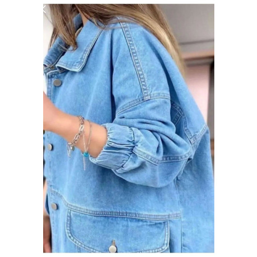 Women's Blue Jeans Jacket With Pockets