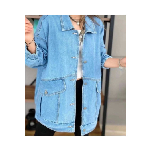 Women's Blue Jeans Jacket With Pockets