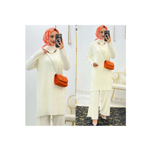 A White Tunic And Pants Set, Knitted