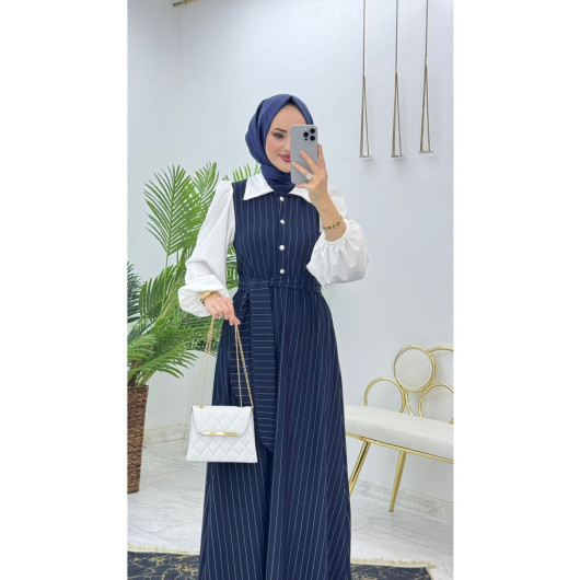 Women's Navy Blue Crepe Dress With A Collar