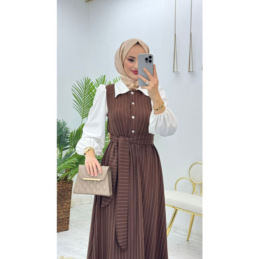 Women's Dress With A Collar, Brown Crepe Fabric