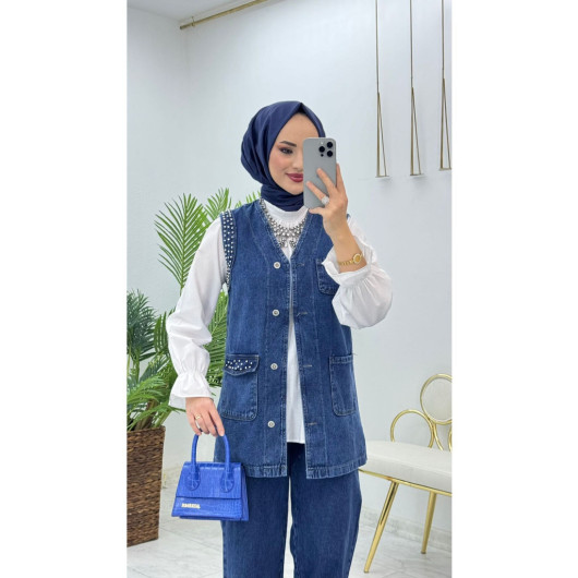 Soft Denim Pearled Trousers Vest Set