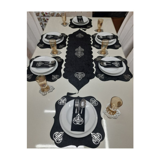 1 Runner 6 Placemats 6 Spoon Rests 6 Coasters 19 Pieces Dinner Set Silver Black Velvet