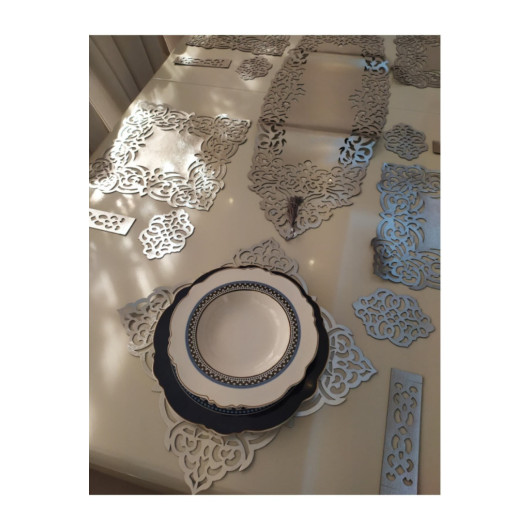 Cutwork Decorative Table Runner Dinner Set 8 Persons Set Silver