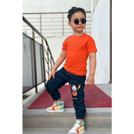 Boy Orange Garfield Detailed 2 Piece Denim Set 4, 5 Years