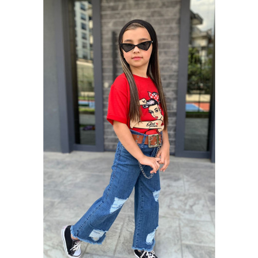 Girl Child Style Jeans 3 Piece Set Red Jeans 5, 6 Years