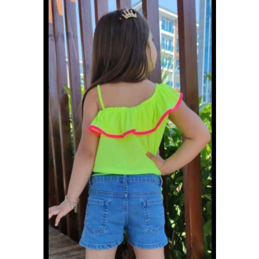 Girl Denim Shorts Set Neon Green 11, 12 Years Old