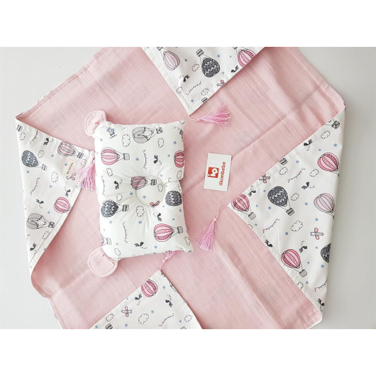 Muslin Baby Blanket With Balloons And Pillow With Ears