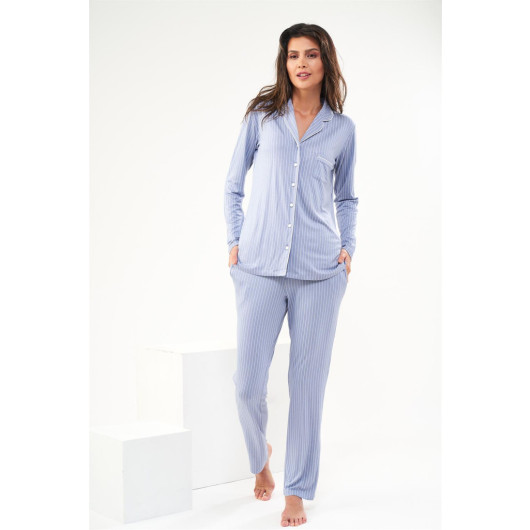 Striped Buttoned Front Pajama Set