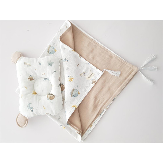 Dolunay Muslin Baby Blanket And Pillow With Ears