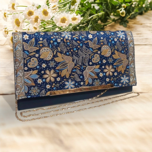 Authentic Woven Handmade Bag Navy Blue Flower