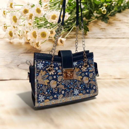 Authentic Woven Handmade Bag Navy Blue Flower