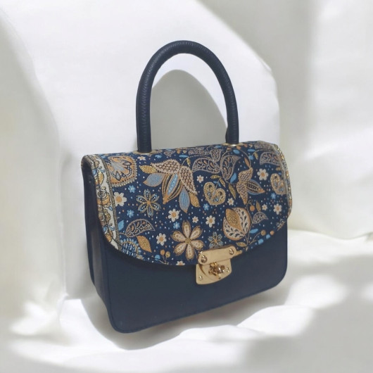 Authentic Woven Handmade Bag Navy Blue Flower