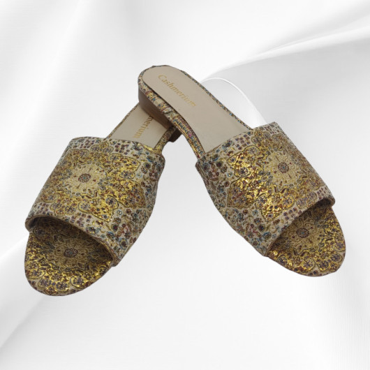 Authentic Woven Genuine Leather Handmade Slippers Gold