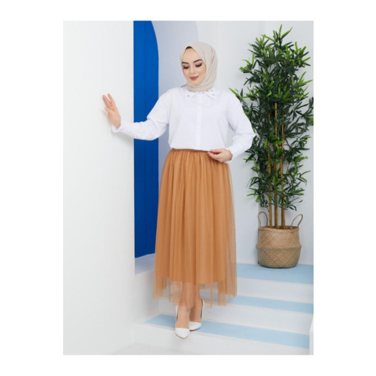 Women Tulle Detailed Skirt Milky Coffee