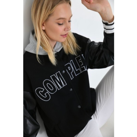 Unisex Embroidered Sleeve Detailed Hooded College Jacket