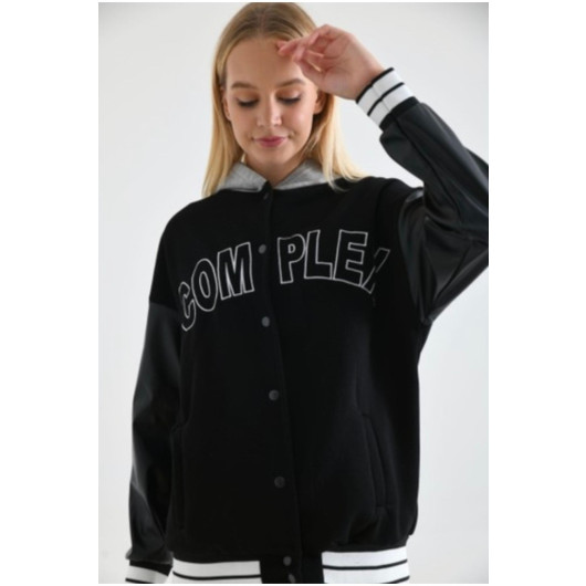 Unisex Embroidered Sleeve Detailed Hooded College Jacket