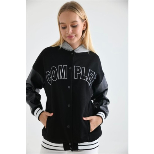 Unisex Embroidered Sleeve Detailed Hooded College Jacket