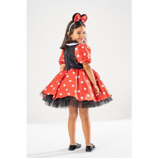 Girl Red Polka Dot Birthday Dress And Party Costume With Crown Gift