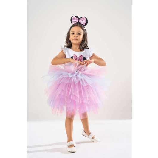 Girl White Birthday Dress And Party Costume With Crown Gift