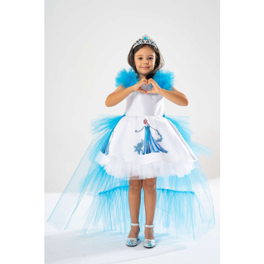 Girl White Birthday Dress And Party Costume With Crown And Scepter Gift