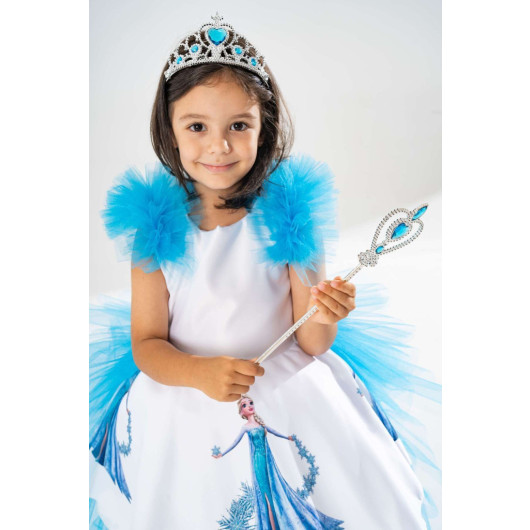 Girl White Birthday Dress And Party Costume With Crown And Scepter Gift