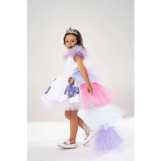 Girl White Birthday Dress And Party Costume With Crown Gift