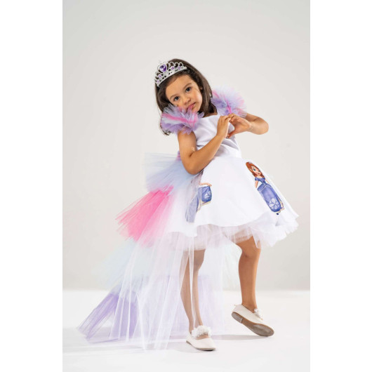 Girl White Birthday Dress And Party Costume With Crown Gift