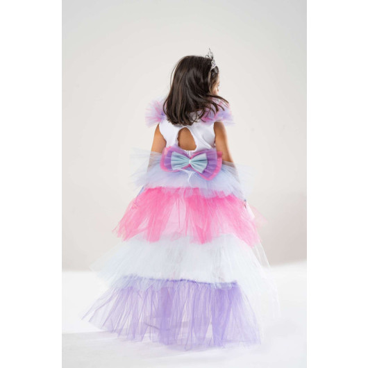 Girl White Birthday Dress And Party Costume With Crown Gift