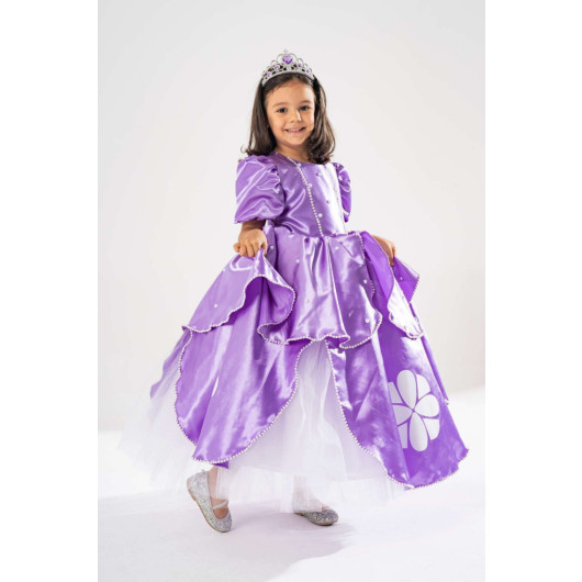 Girl Lilac Birthday Dress And Party Costume With Crown Gift