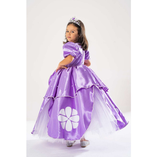 Girl Lilac Birthday Dress And Party Costume With Crown Gift