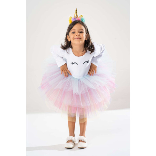 Girl Long Sleeve Birthday Dress And Party Costume With Crown Gift