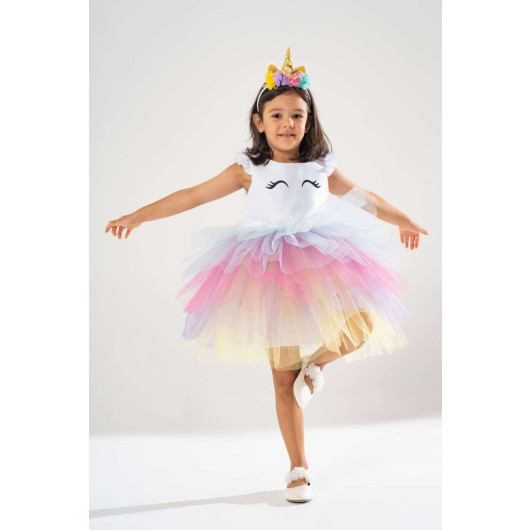 Girl White Birthday Dress And Party Costume With Crown Gift